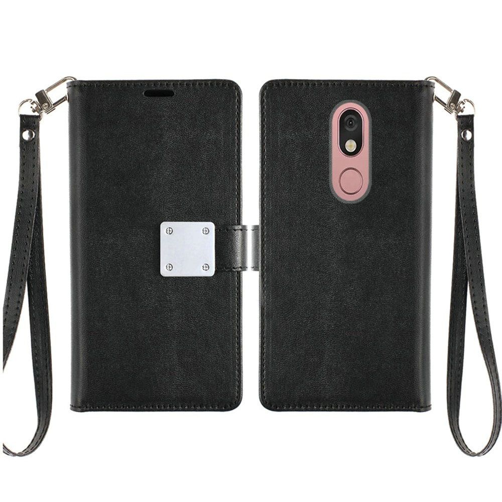 LG Stylo 5 Wristlet Magnetic Metal Snap Wallet with Two Row Credit Card Holder - Black (9557)