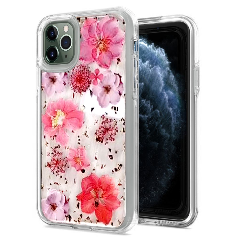 Apple iPhone 11 Pro MAX (6.5) Creative Printing Design Glitter Hybrid - Pink Flowers (10146)