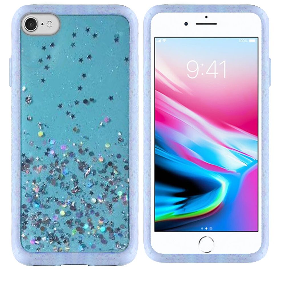 Apple iPhone SE2 (2020) 8/7 Premium PC TPU Fused Glitter Stars on Clear Epoxy - Light Blue (10963)