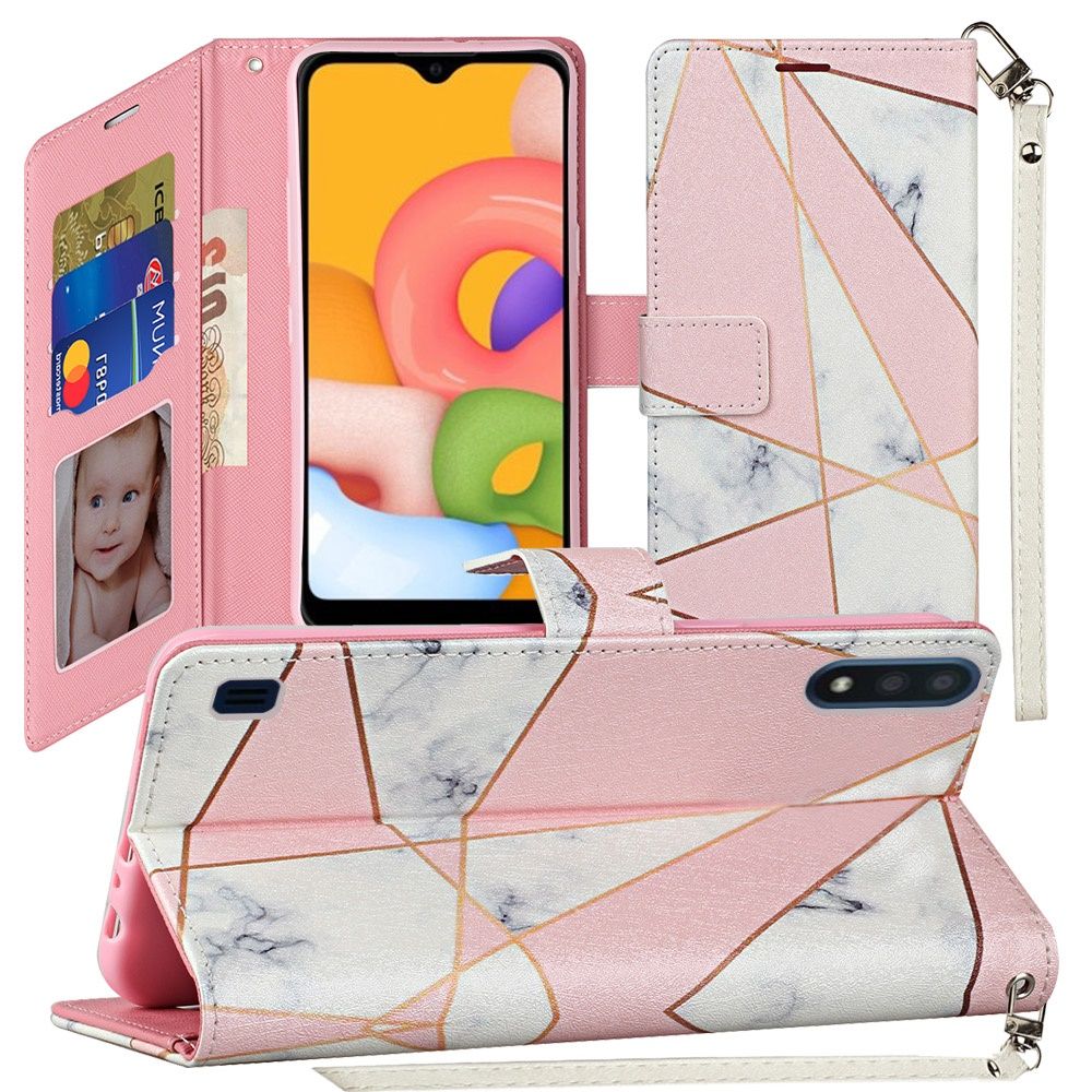 Samsung A01 Fashion Wristlet Wallet with Strap -Pink Marble (10252)