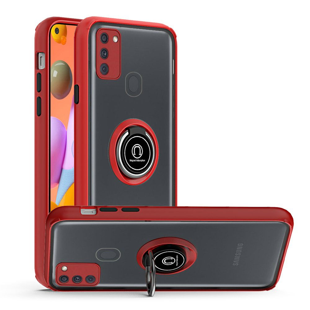 Samsung Galaxy A11 Premium Painted Leather Oil PC TPU w/ Magnetic Metal Ring - Red (10254)