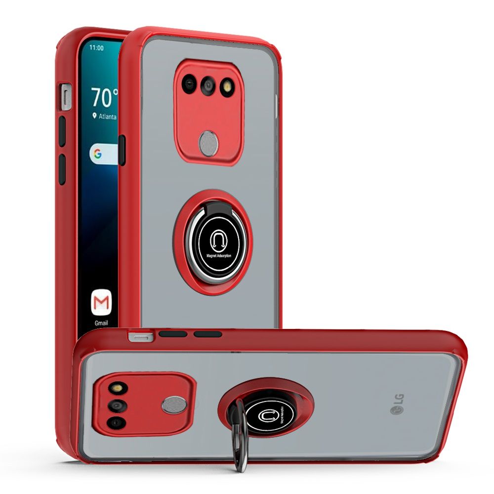 LG Aristo 5, Fortune 3, Tribute Monarch Premium Painted Leather Oil PC TPU w/ Magnetic Metal Ring- Red (10267)