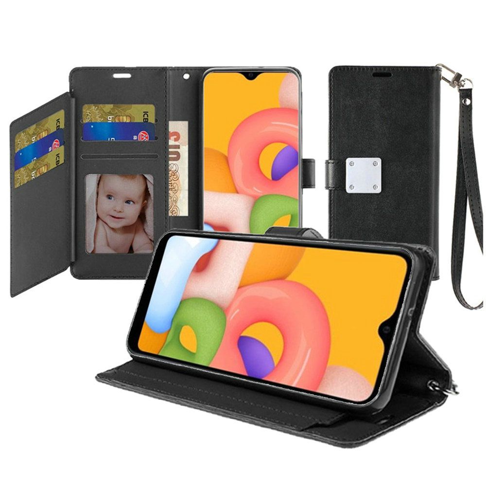 Samsung A01 Wristlet Magnetic Metal Snap Wallet with Two Row Credit Card Holder - Black (9761)