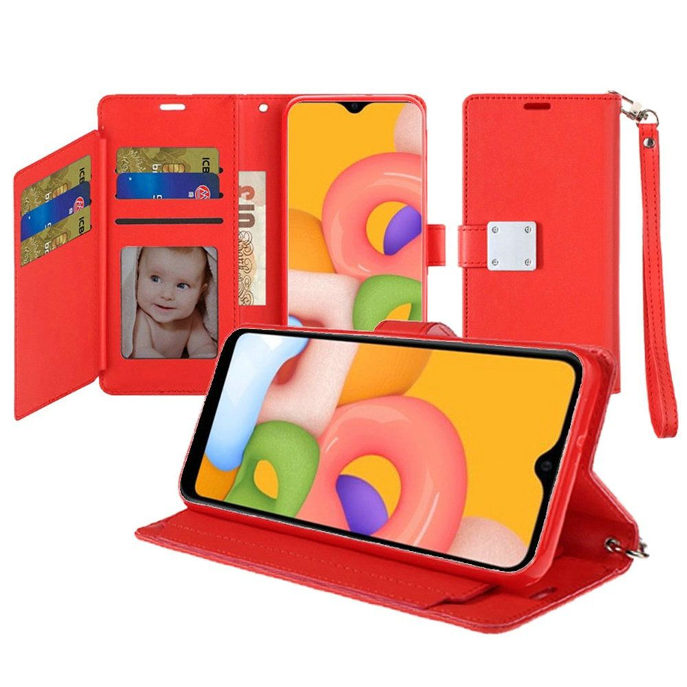 Samsung A01 Wristlet Magnetic Metal Snap Wallet with Two Row Credit Card Holder - Red (9763)