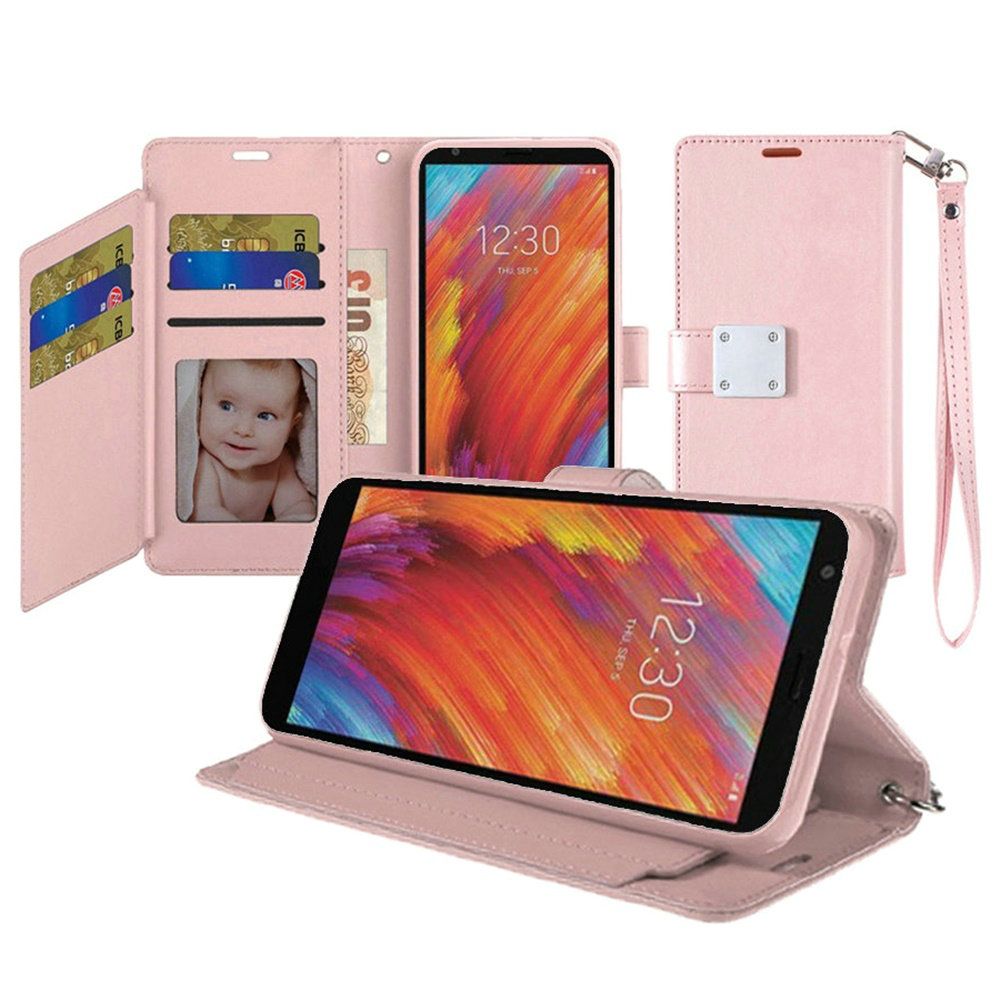 LG Escape Plus, Wristlet Magnetic Metal Snap Wallet with Two Row Credit Card Holder -ROSE GOLD (9545)