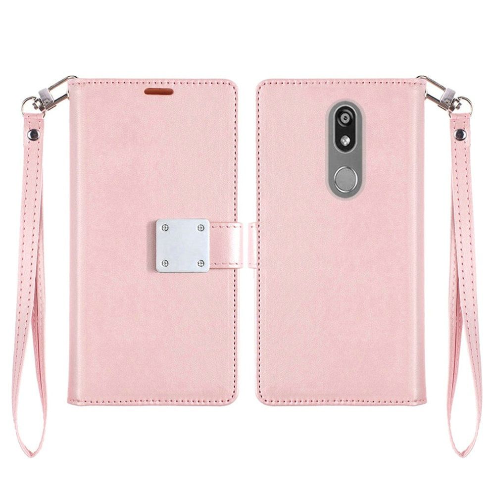LG Escape Plus, Wristlet Magnetic Metal Snap Wallet with Two Row Credit Card Holder -ROSE GOLD (9545)