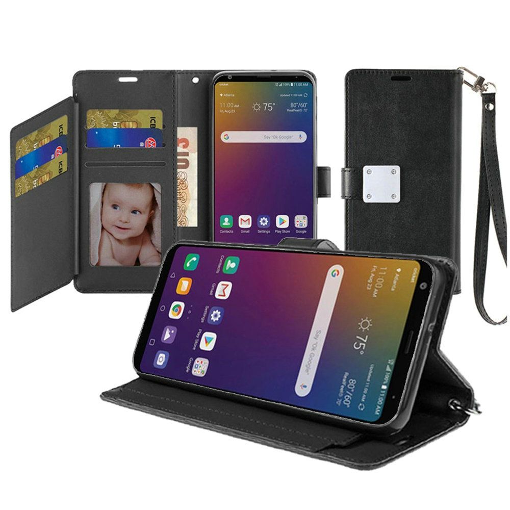 LG Stylo 5 Wristlet Magnetic Metal Snap Wallet with Two Row Credit Card Holder - Black (9557)