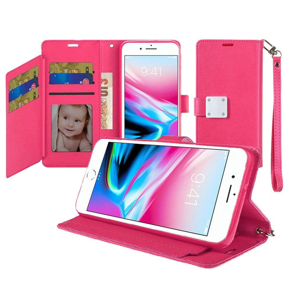 APPLE iPhone 8 Plus/7 Plus/6 Plus Wristlet Magnetic Metal Snap Wallet with Two Row Credit Card Holder - Hot Pink (9563)