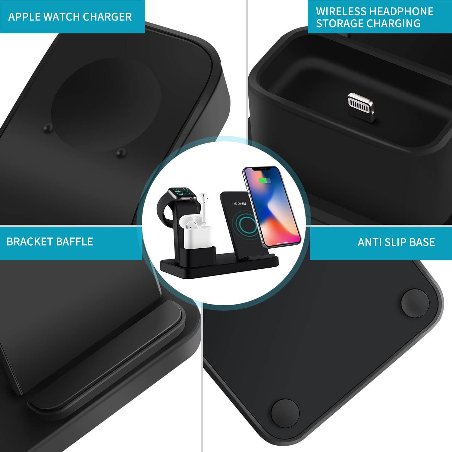 Wireless Charger Stand Black 3 in 1 Phone Qi Watch Dock 10W (Including AC Power Adapter) (110041)