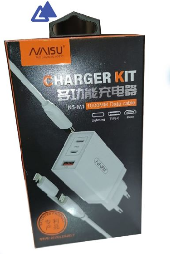 NAISU Charger Kit With Three Ports Two Fast PD And One USB +Twins 2 In 1 Type-C to Micro + Lightning Cable (9470)