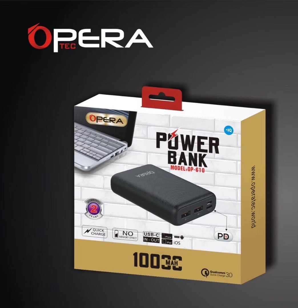 Opera Power Bank 10000 mAh With Two Fast USB Ports And PD Port - Black (4809)