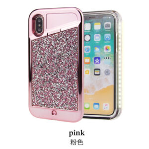 iPhone X/Xs LED Light Case Diamond Bling Rhinestone Hybrid TPU Hard PC Back Cover - Pink (671)